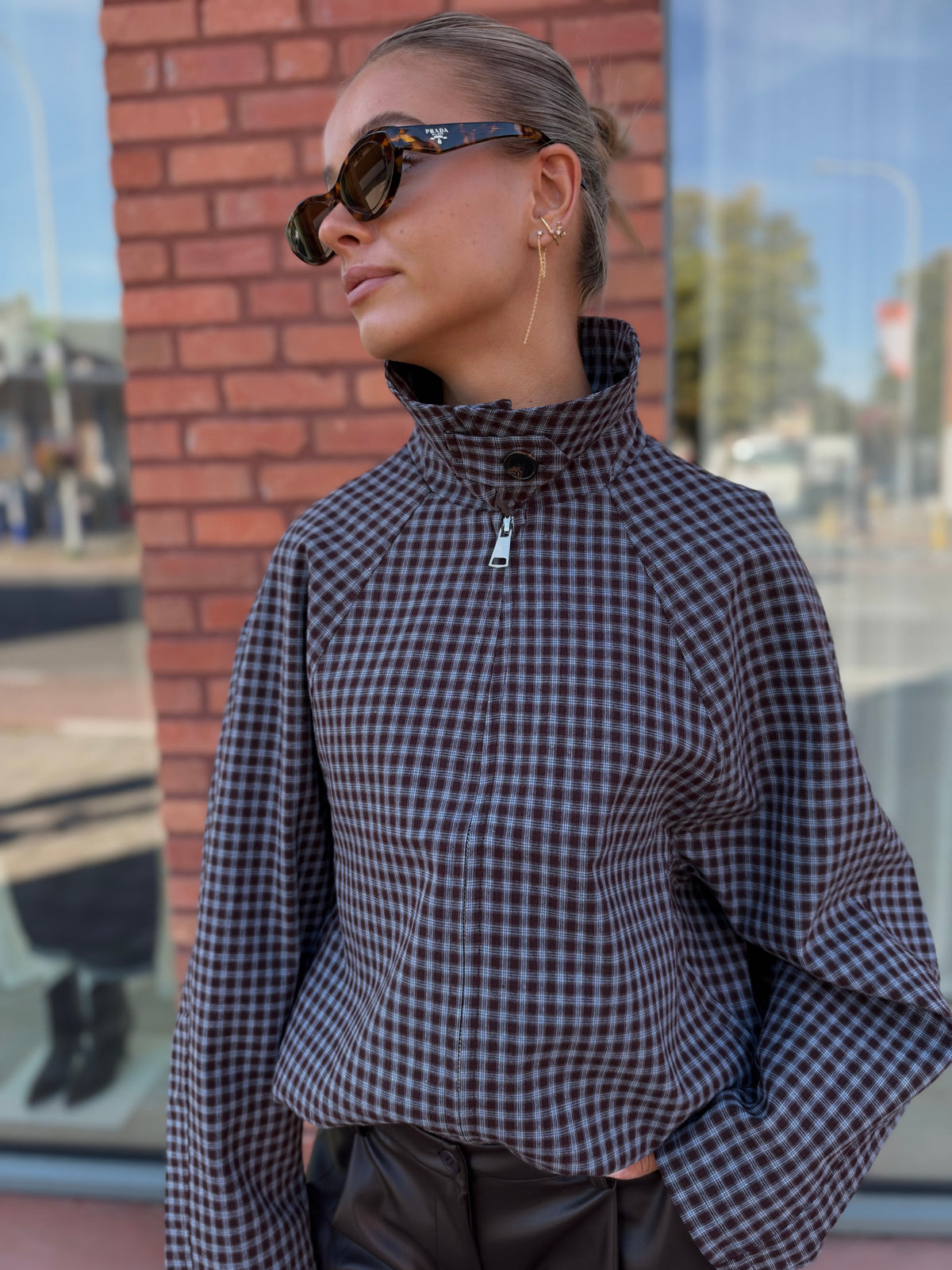 Plaid Bomber Jacket - choco/blue