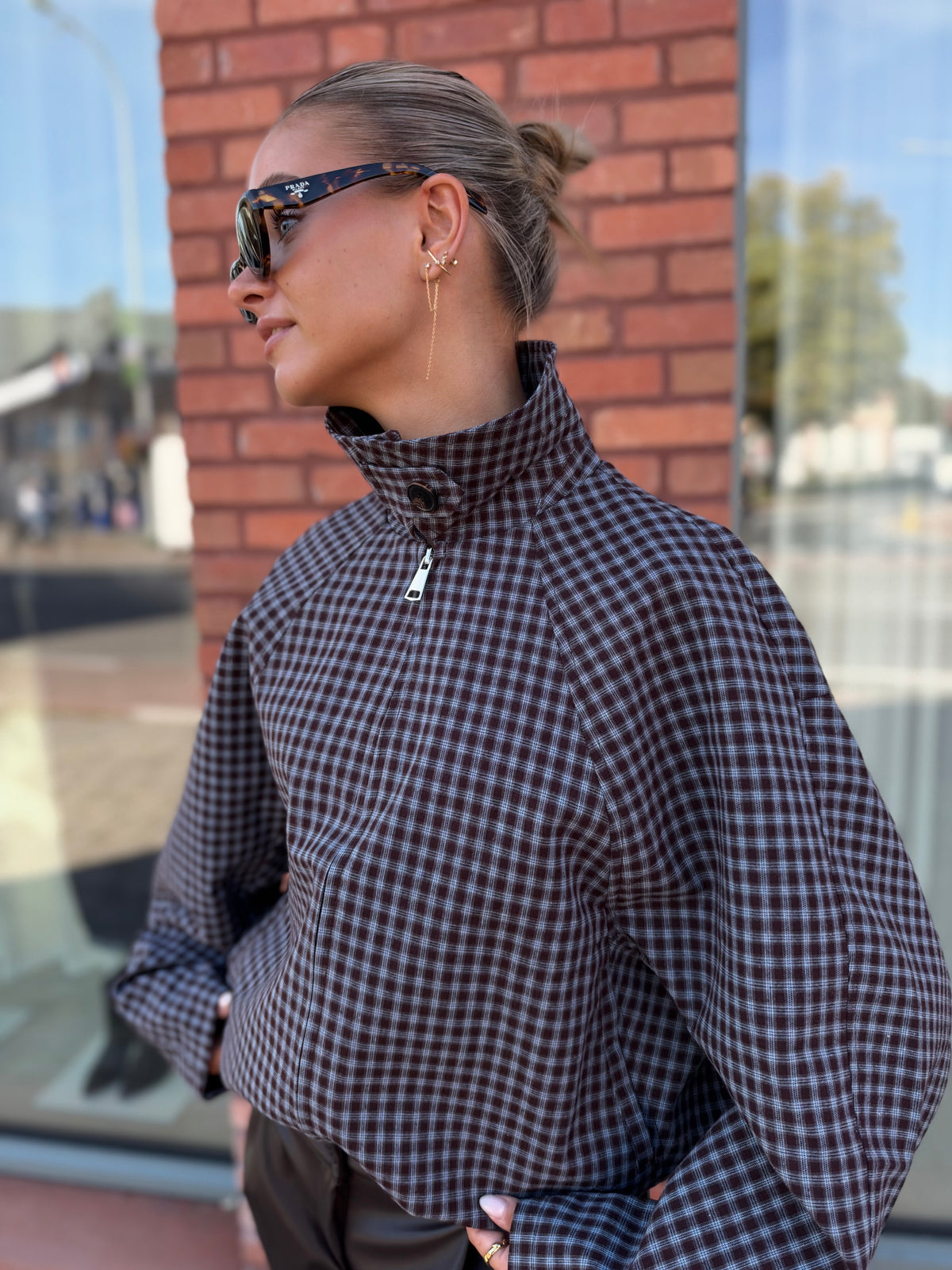 Plaid Bomber Jacket - choco/blue