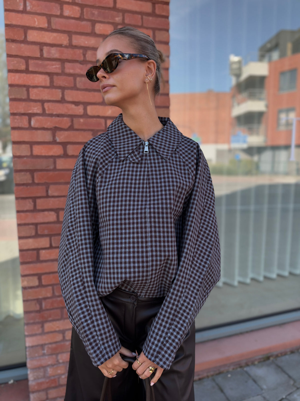 Plaid Bomber Jacket - choco/blue