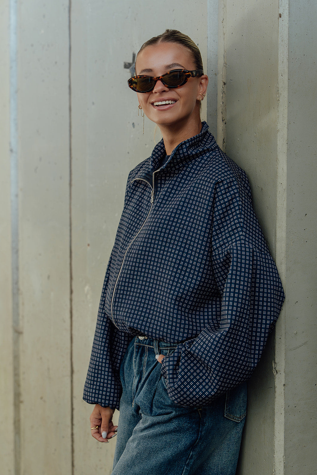 Mila Checkered Bomber - Navy