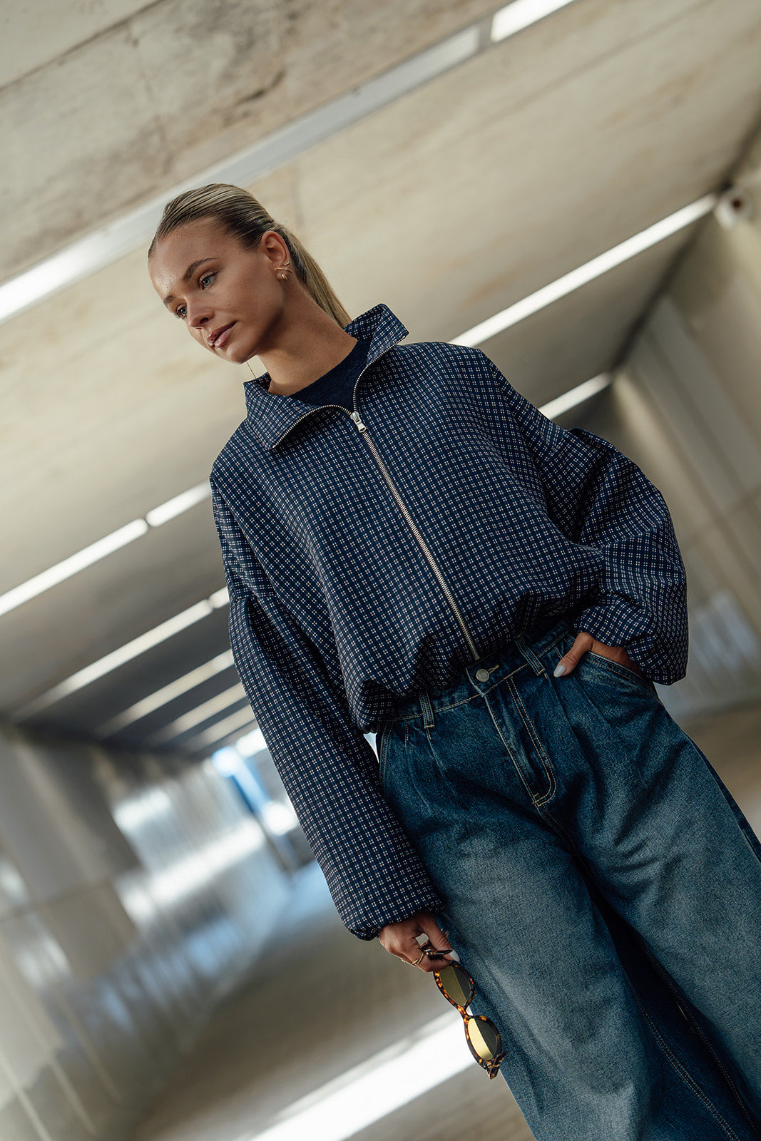 Mila Checkered Bomber - Navy